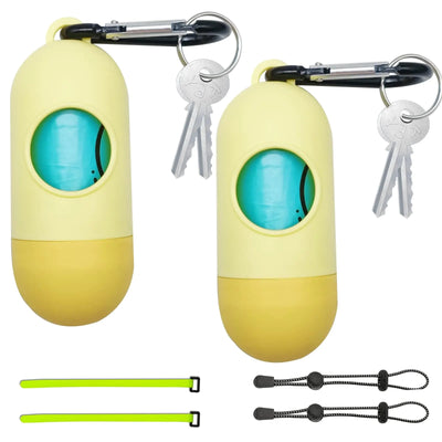 2 Pack Dog Poop Bag Holder with 2 Rolls of Blue Leak-Proof Dog Waste Bags Poop Bag Dispenser with Leash Clip Key Ring Poop Bag Holder with Adjustable Straps and Elastic Rope(Yellow，2 Holder 30 Bags)